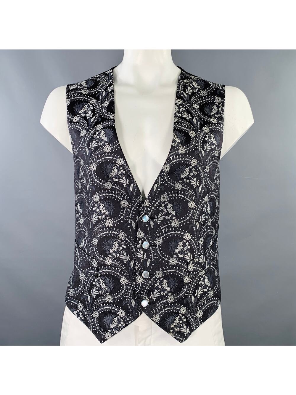 FAVOURBROOK Size 44 Black Grey Jacquard Silk Two Pockets Vest